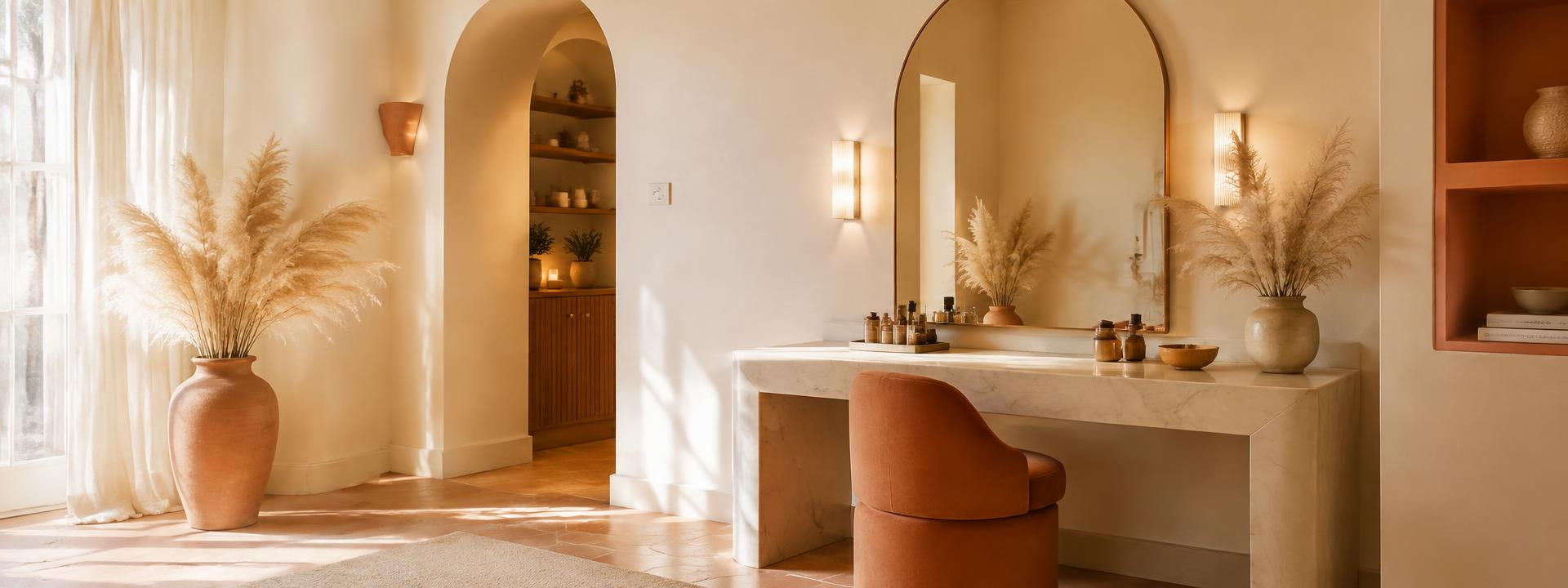 Interior del estudio de belleza con tocador de mármol